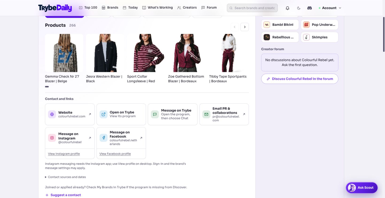 Colourful Rebel's public TrybeDaily contact links showing its PR email and published social profiles
