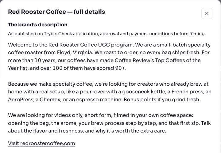 Red Rooster Coffee's public program description describing a brewing setup